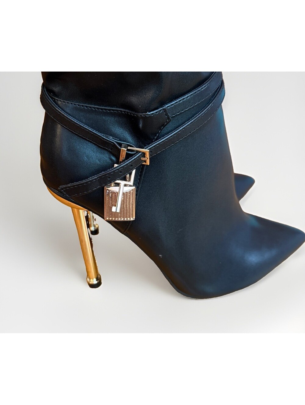 New Black Fashion Nova Tommy Stiletto Knee High Boots Gold Tone Lock & Key 10 - Picture 4 of 7